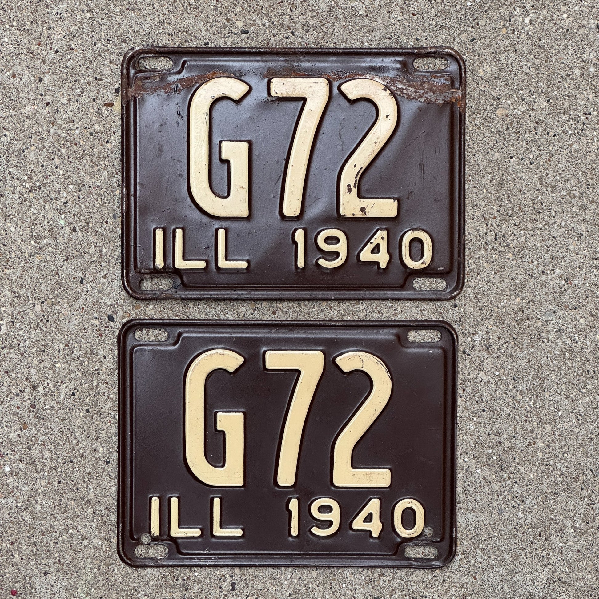 Photo of a 1940 Illinois Truck License Plate Pair Auto Tag Garage Decor Vintage Low Number Two Digit G 72 with original patina