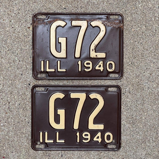 Photo of a 1940 Illinois Truck License Plate Pair Auto Tag Garage Decor Vintage Low Number Two Digit G 72 with original patina