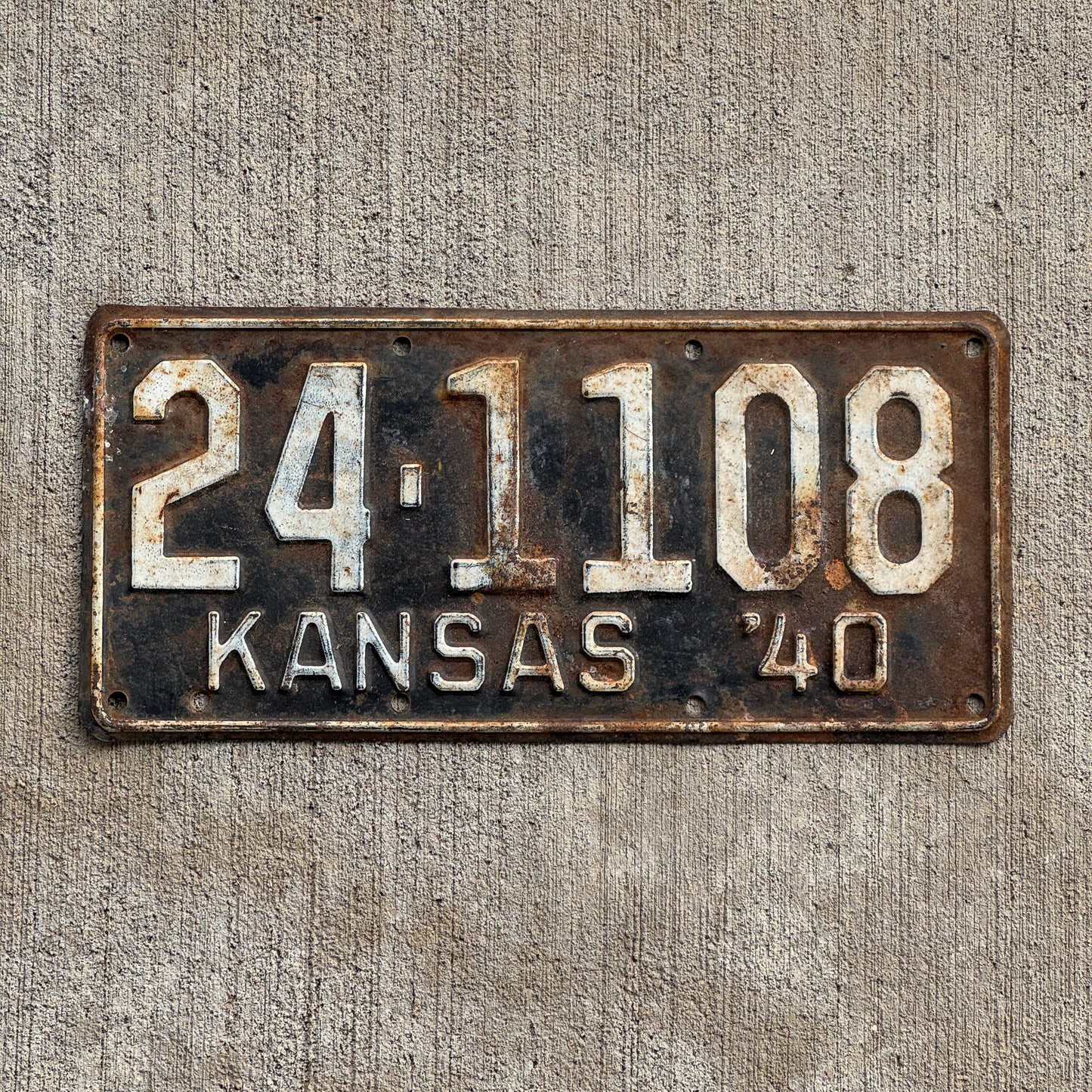 Photo of a 1940 Kansas License Plate Auto Tag Garage Decor Vintage 24 1108 with original patina