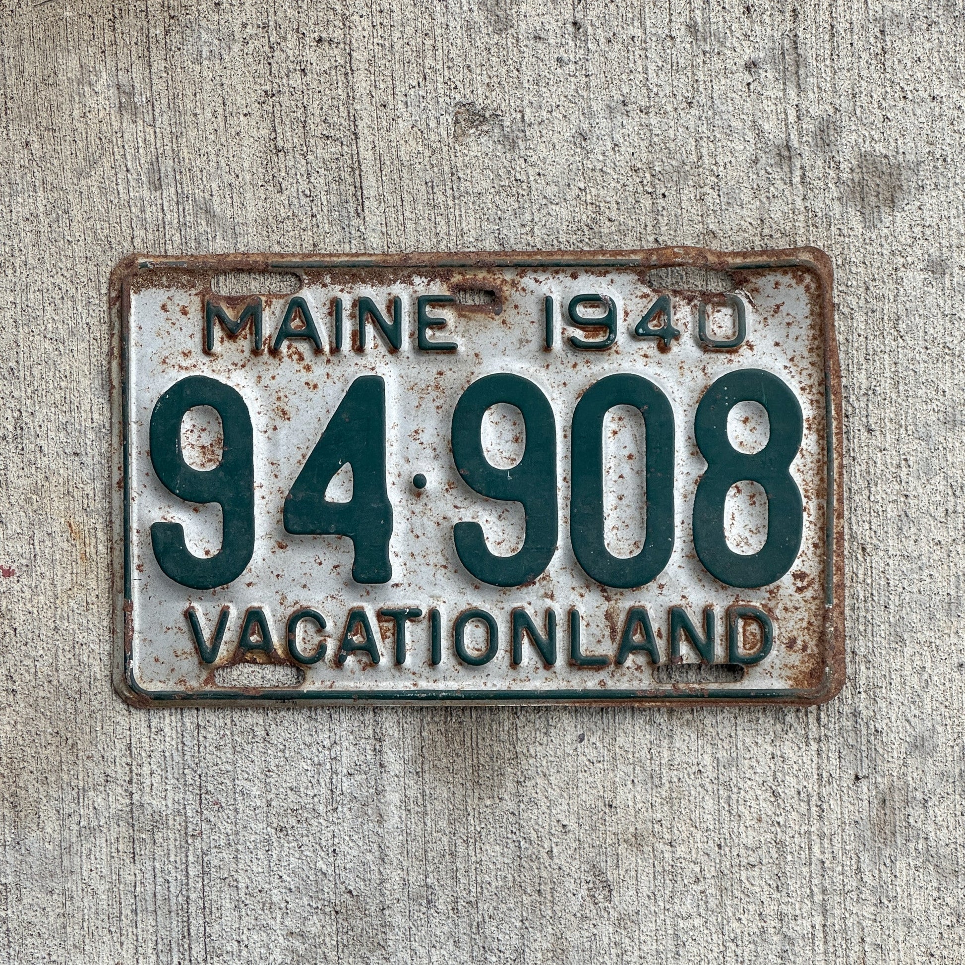 Photo of a 1940 Maine License Plate Auto Tag 1 Vintage Garage 94 908 with original patina