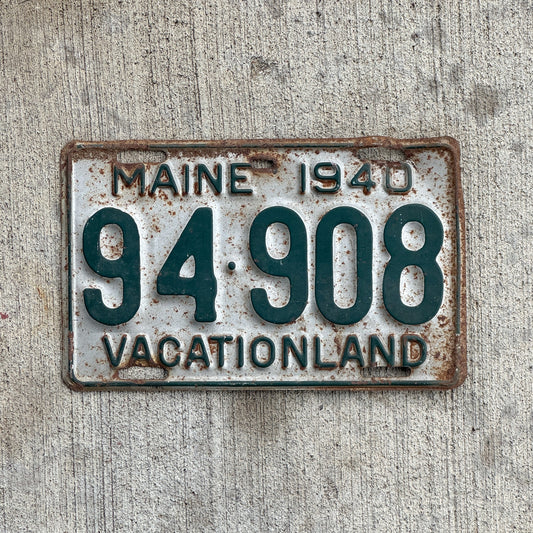 Photo of a 1940 Maine License Plate Auto Tag 1 Vintage Garage 94 908 with original patina