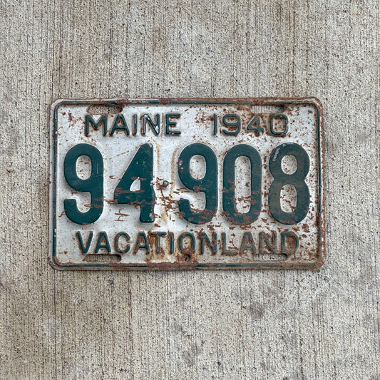Photo of a 1940 Maine License Plate Auto Tag 2 Vintage Garage 94 908 with original patina