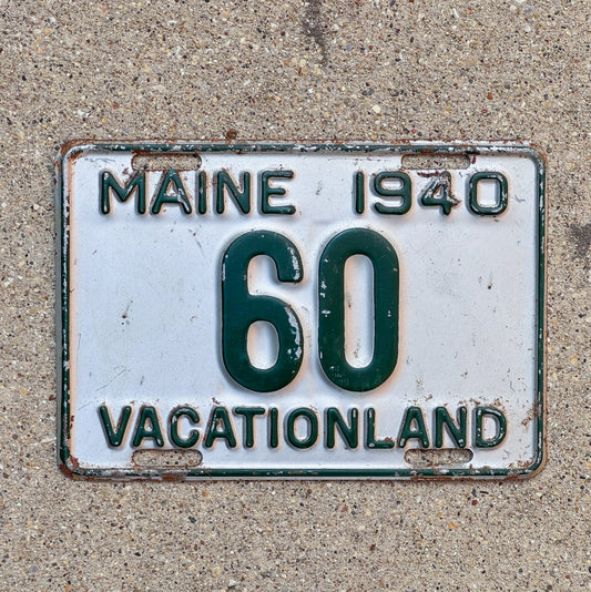 Photo of a 1940 Maine License Plate Auto Tag Garage Decor Vintage Low Number Two Digit 60 with original patina