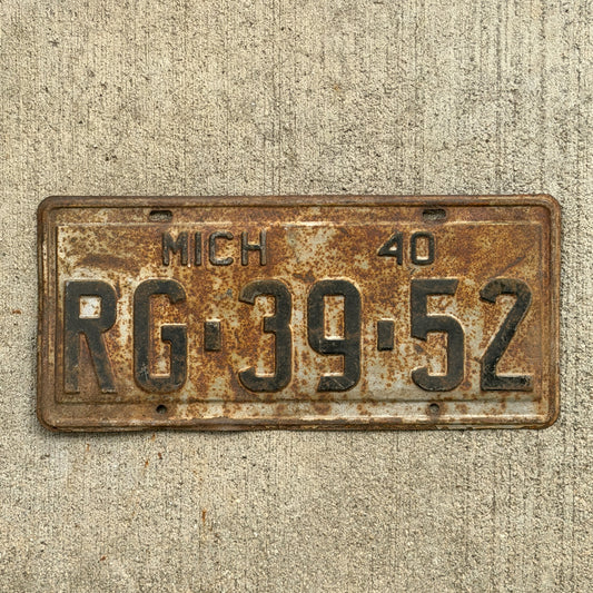 Photo of a 1940 Michigan License Plate Auto Tag 1 Vintage Garage RG 39 52 with original patina