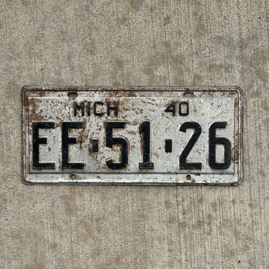 Photo of a 1940 Michigan License Plate Auto Tag Garage Decor Vintage EE 51 26 with original patina