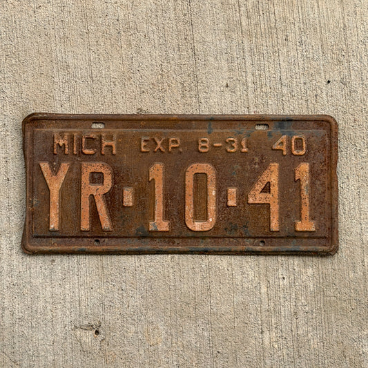 Photo of a 1940 Michigan License Plate Auto Tag Garage Decor Vintage Half Year YR 10 41 with original patina