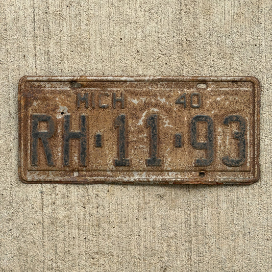 Photo of a 1940 Michigan License Plate Auto Tag Garage Decor Vintage RH 11 93 with original patina