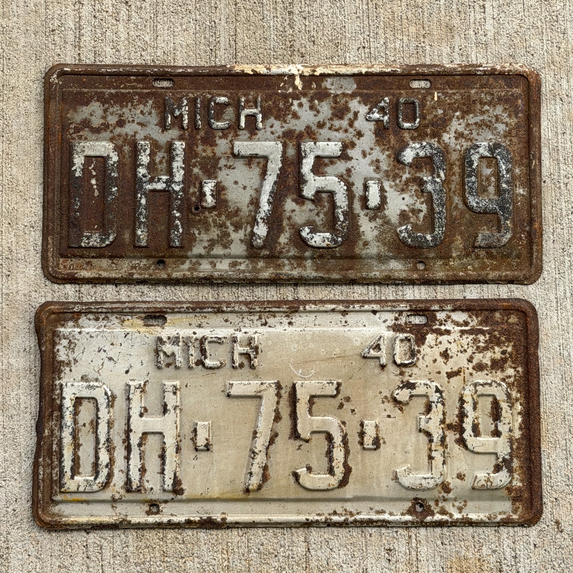 Photo of a 1940 Michigan License Plate Pair Auto Tag Garage Decor Vintage DH 75 39 with original patina