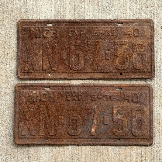 Photo of a 1940 Michigan License Plate Pair Auto Tag Garage Decor Vintage Half Year XN 67 58 with original patina