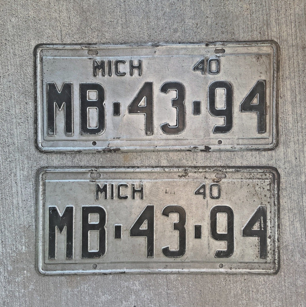 Photo of a 1940 Michigan License Plate Pair Auto Tag Garage Decor Vintage MB 43 94 with original patina