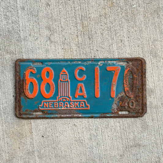 Photo of a 1940 Nebraska License Plate Auto Tag Garage Decor Vintage Iconic Capital Building 68 CA 170 with original patina