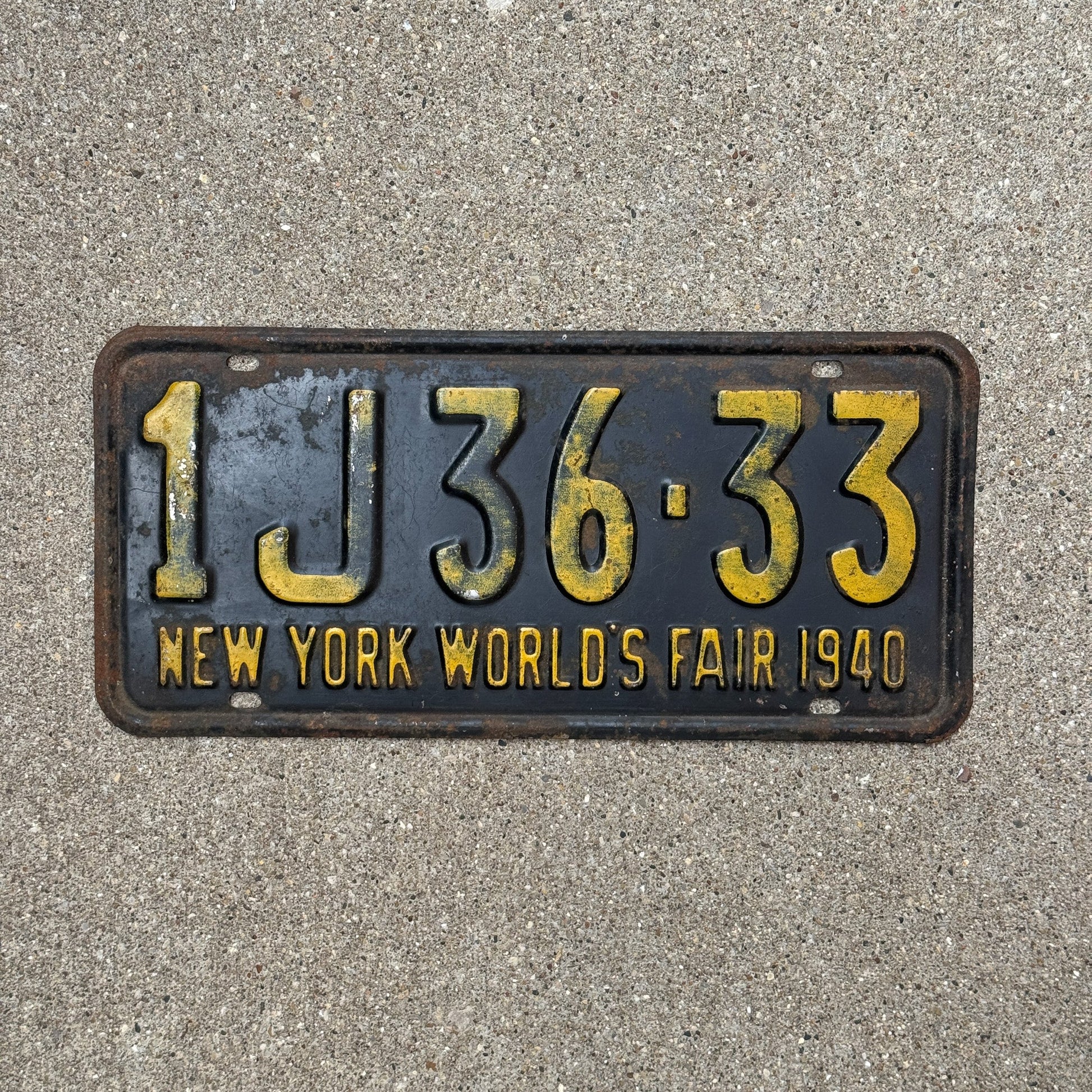 Photo of a 1940 New York License Plate Auto Tag Garage Decor Vintage World's Fair 1J 3633