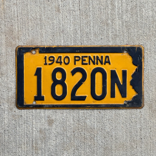 Photo of a 1940 Pennsylvania License Plate Auto Tag Garage Decor Vintage 1820 N with original patina