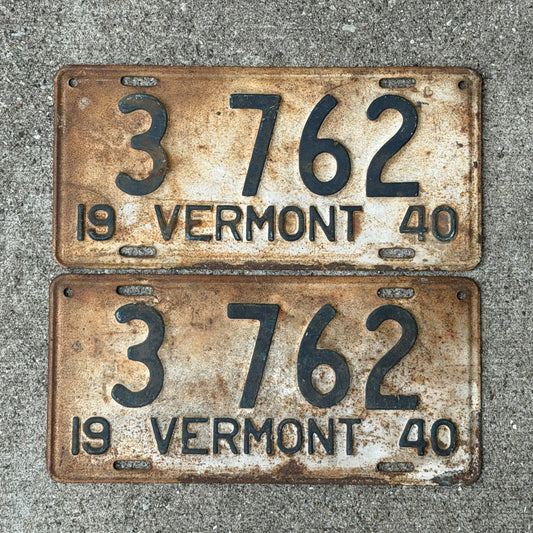 Photo of a 1940 Vermont License Plate Pair Auto Tag Garage Decor Vintage Low Number Four Digit 3 762 with original patina