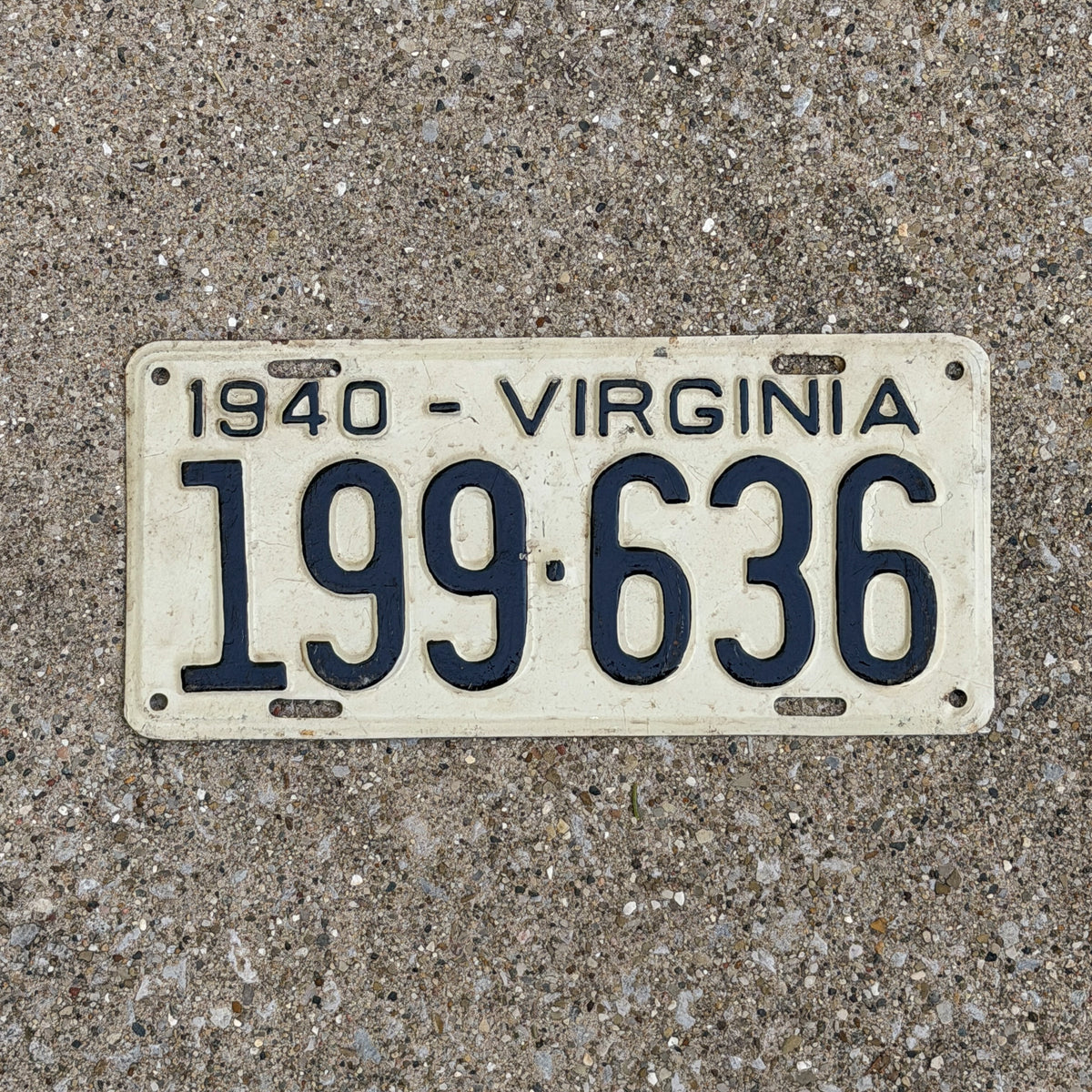 Photo of a 1940 Virginia License Plate Auto Tag Garage Decor Vintage 199 636 with original patina