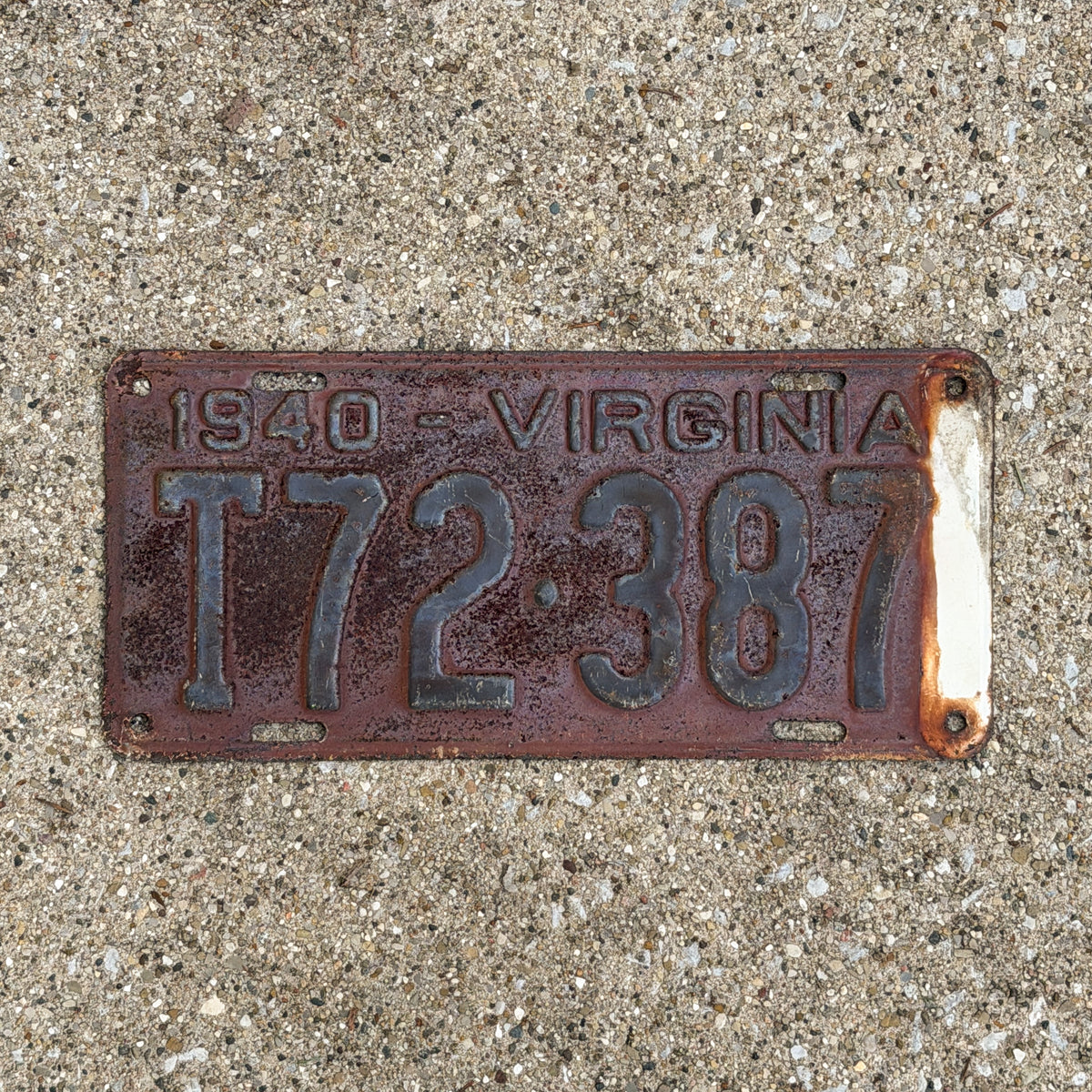 Photo of a 1940 Virginia Truck License Plate Auto Tag Garage Decor Vintage T72 387 with original patina