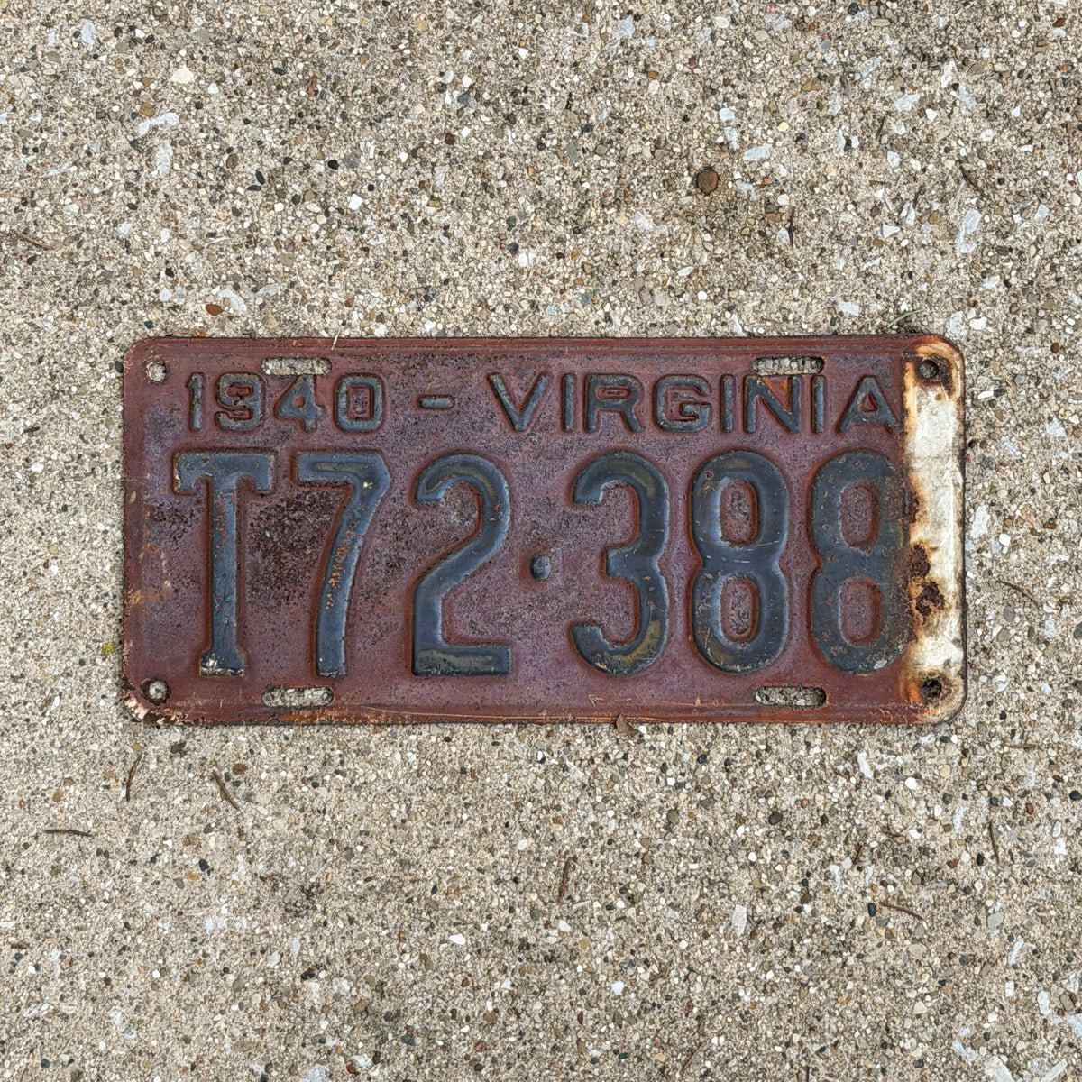 Photo of a 1940 Virginia Truck License Plate Auto Tag Garage Decor Vintage T72 388 with original patina