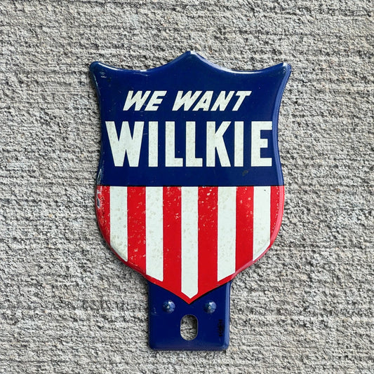 Photo of a 1940 Willkie Republican License Plate Topper Auto Tag Garage Decor Vintage USA America Political President with original patina