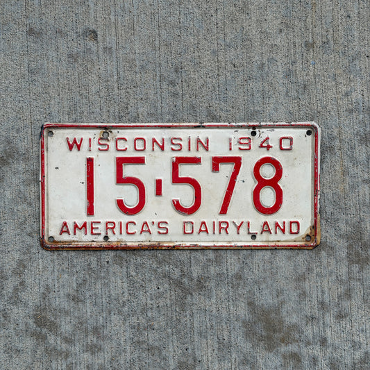 Photo of a 1940 Wisconsin License Plate Auto Tag Garage Decor Vintage 15 578 with original patina