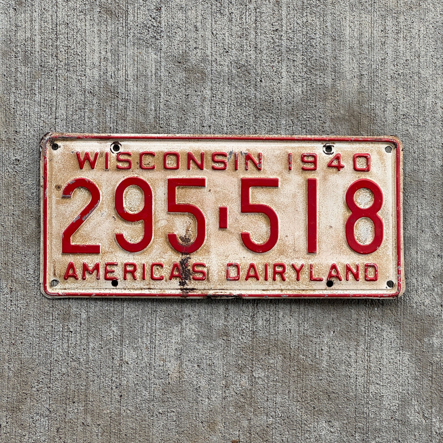 Photo of a 1940 Wisconsin License Plate Auto Tag Garage Decor Vintage 295 518 with original patina