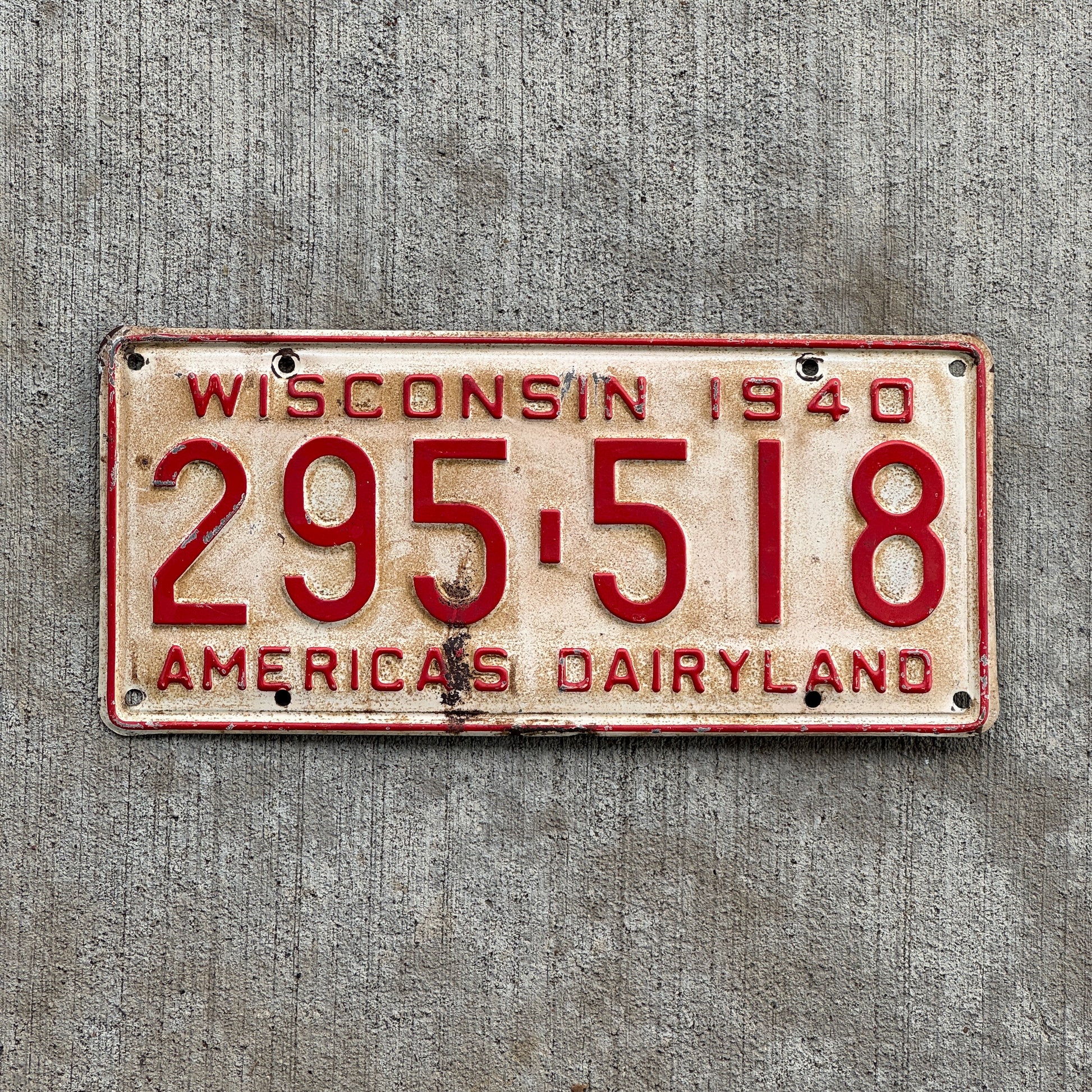 Photo of a 1940 Wisconsin License Plate Auto Tag Garage Decor Vintage 295 518 with original patina