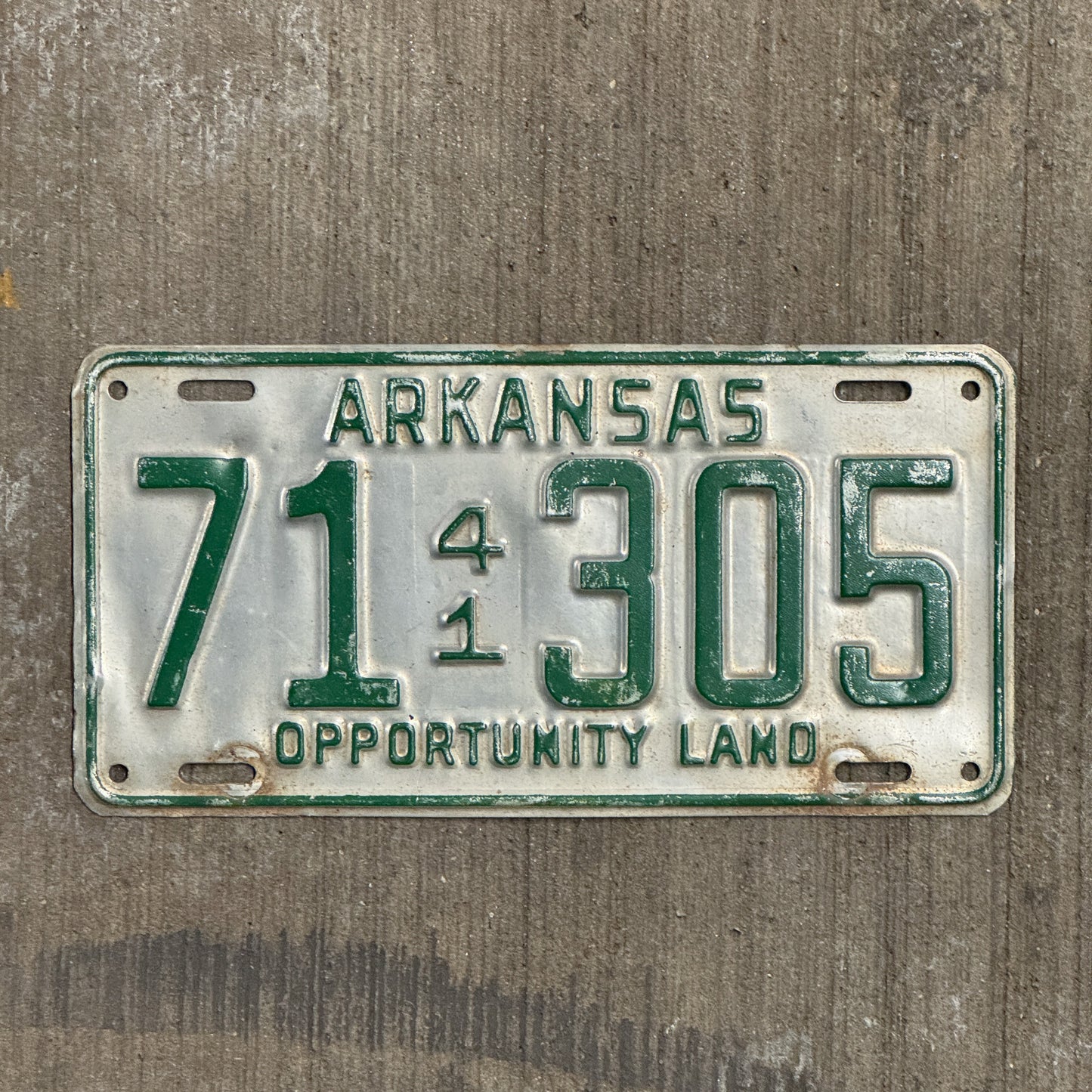 Photo of a 1941 Arkansas License Plate Auto Tag Garage Decor Vintage 71 305 with original patina