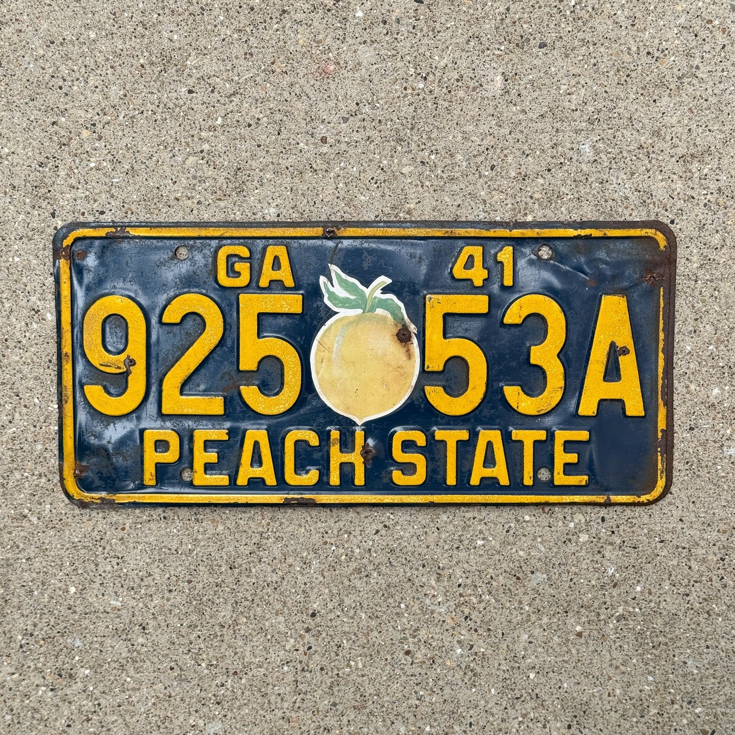 Photo of a 1941 Georgia License Plate Auto Tag Garage Decor Vintage 925 53A with original patina