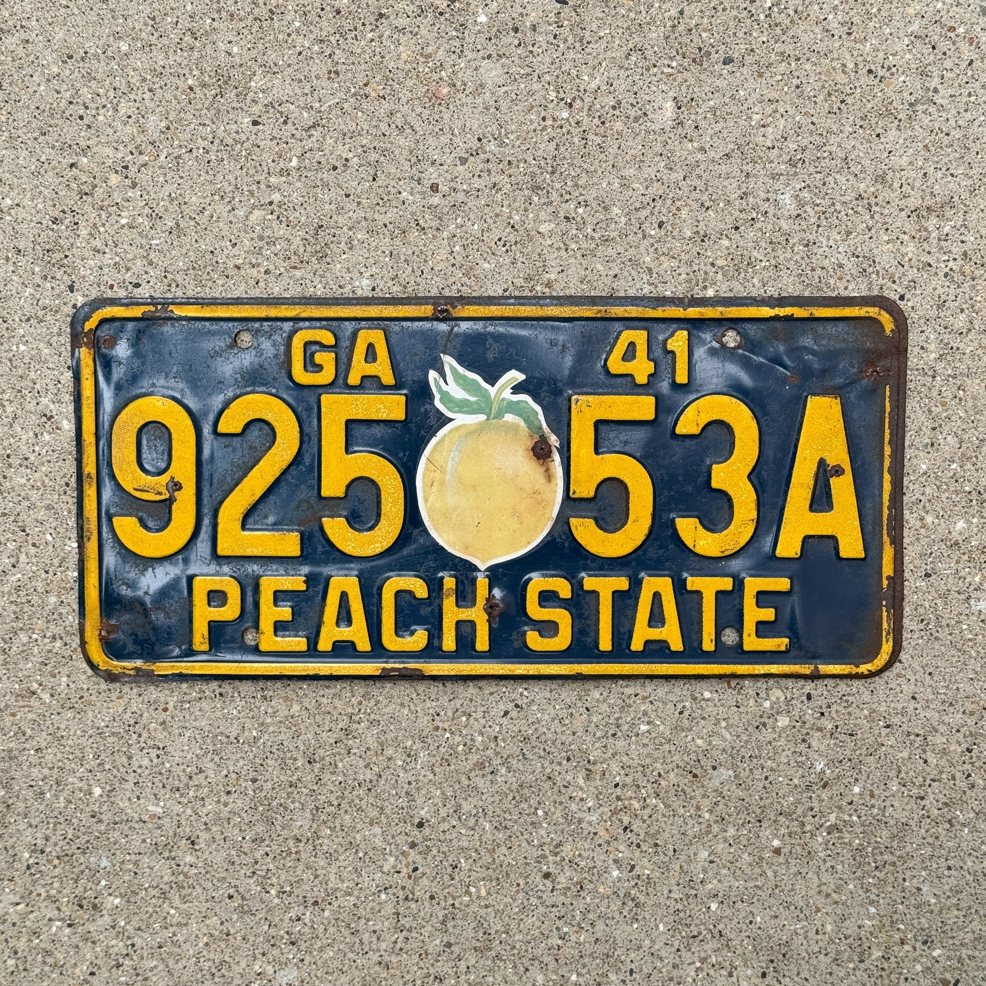 Photo of a 1941 Georgia License Plate Auto Tag Garage Decor Vintage 925 53A with original patina