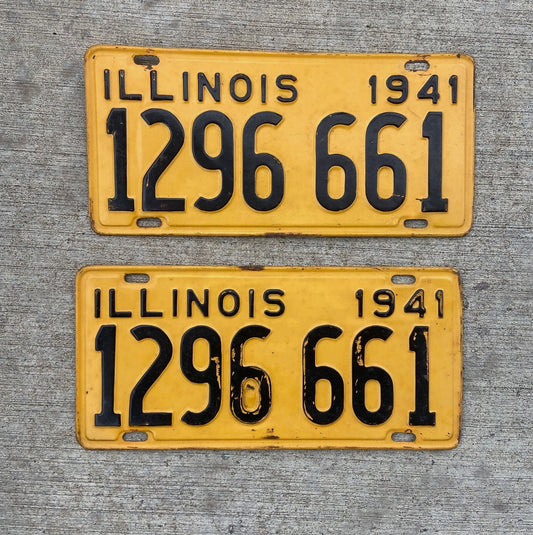Photo of a 1941 Illinois License Plate Pair Auto Tag Garage Decor Vintage 666 Repeat Devil Evil 1296 661 with original patina