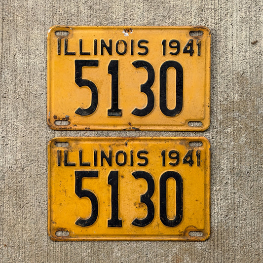 Photo of a 1941 Illinois License Plate Pair Auto Tag Garage Decor Vintage Low Number Four Digit 5130 with original patina