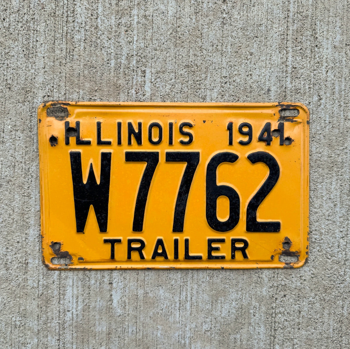 Photo of a 1941 Illinois Trailer License Plate Auto Tag Garage Decor Vintage W 7762 with original patina
