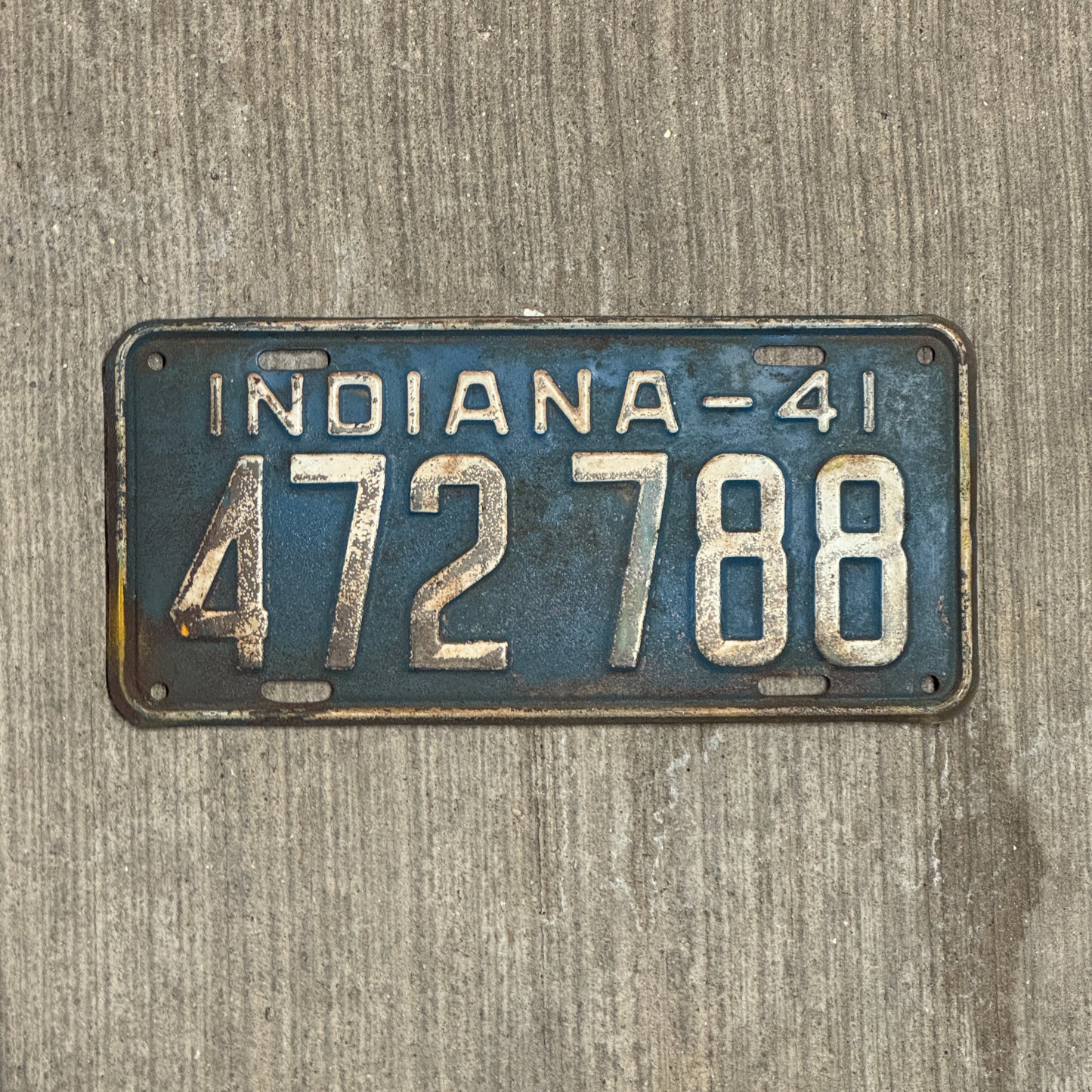 Photo of a 1941 Indiana License Plate Auto Tag Garage Decor Vintage 472 788 with original patina