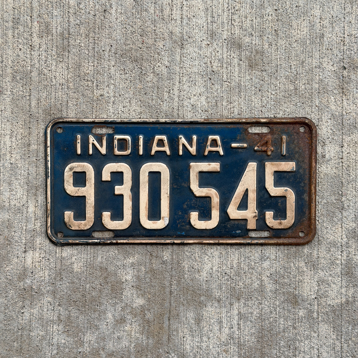 Photo of a 1941 Indiana License Plate Auto Tag Garage Decor Vintage 930 545 with original patina