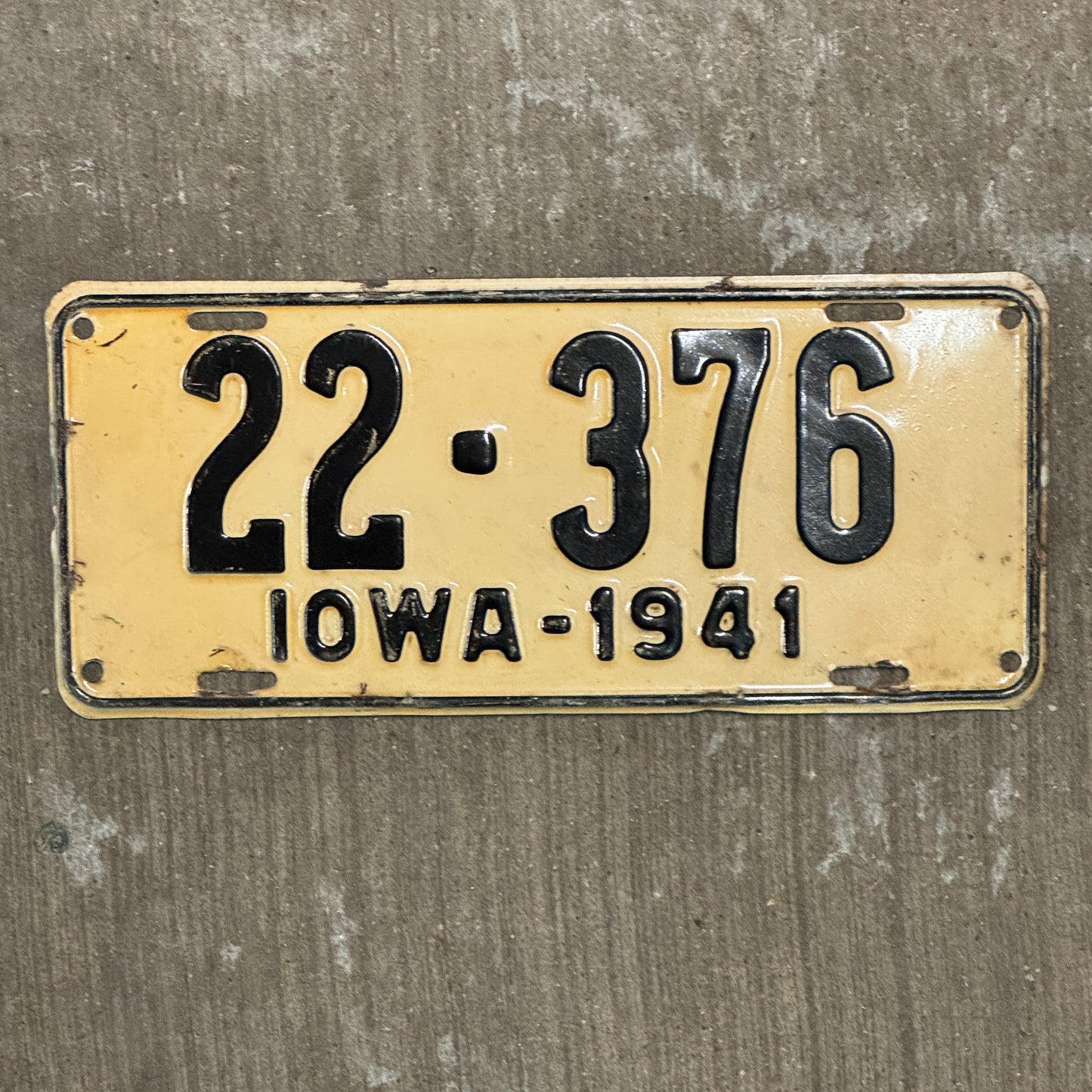 Photo of a 1941 Iowa License Plate Auto Tag Garage Decor Vintage 22 376 with original patina