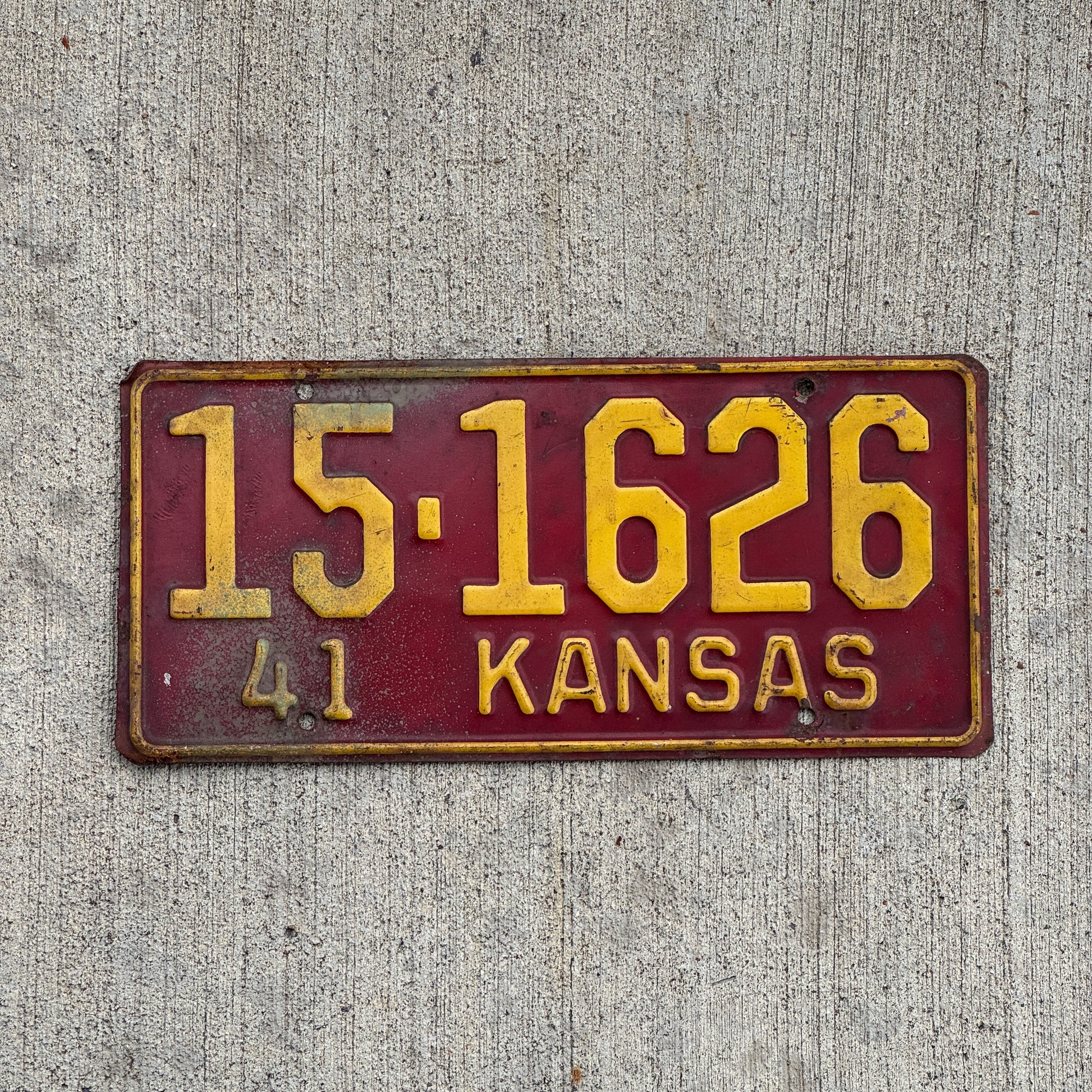 Photo of a 1941 Kansas License Plate Auto Tag Garage Decor Vintage 15 1626 with original patina