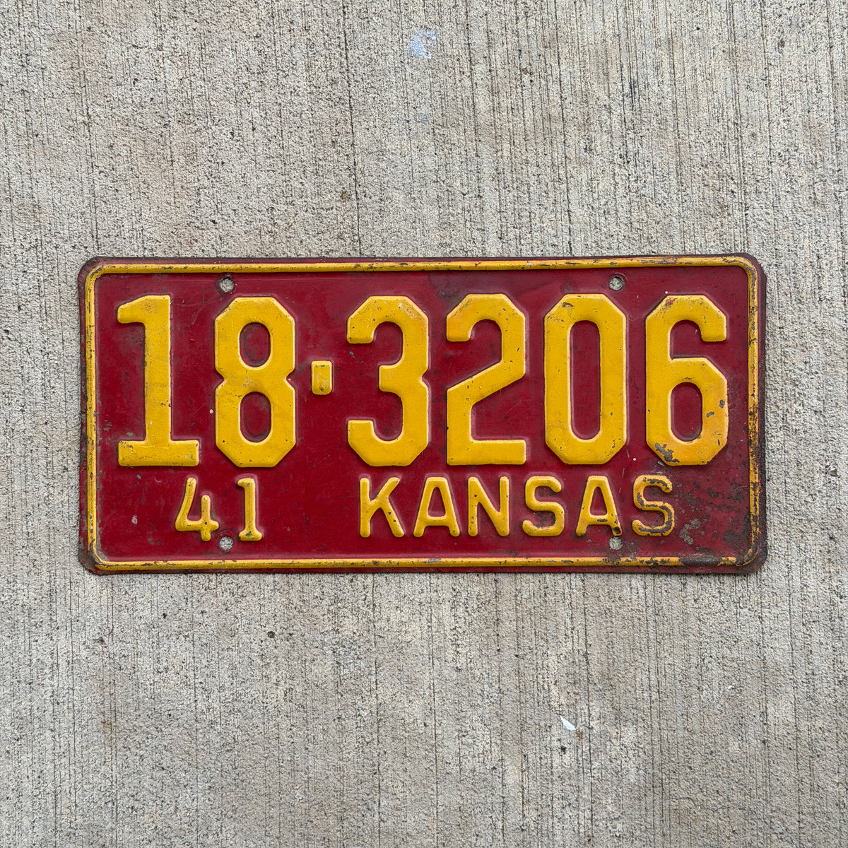 Photo of a 1941 Kansas License Plate Auto Tag Garage Decor Vintage 18 3206 with original patina