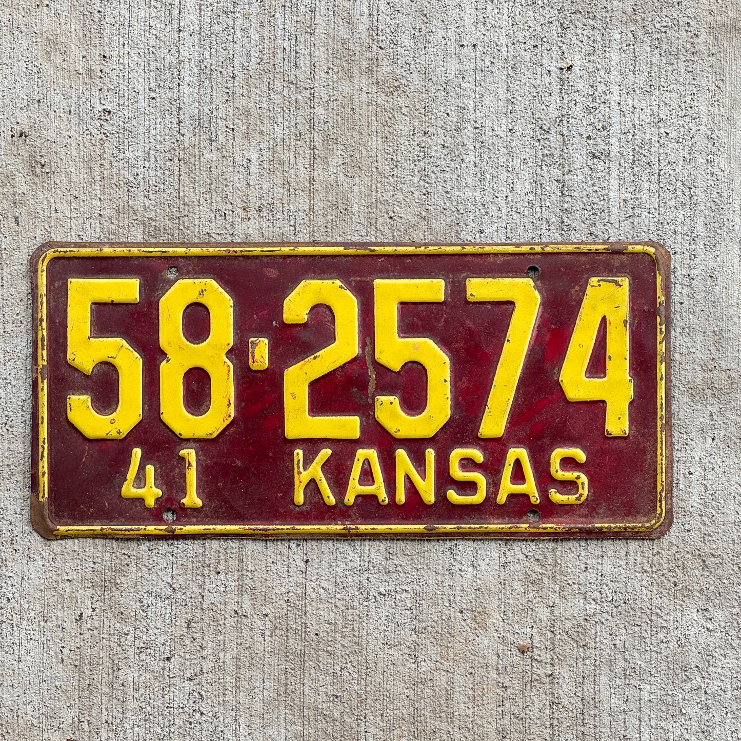 Photo of a 1941 Kansas License Plate Auto Tag Garage Decor Vintage 58 2574 with original patina