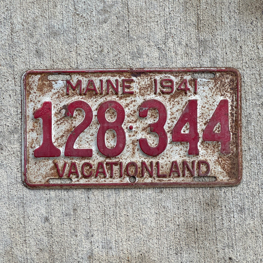 Photo of a 1941 Maine License Plate Auto Tag 1 Vintage Garage 128 344 with original patina