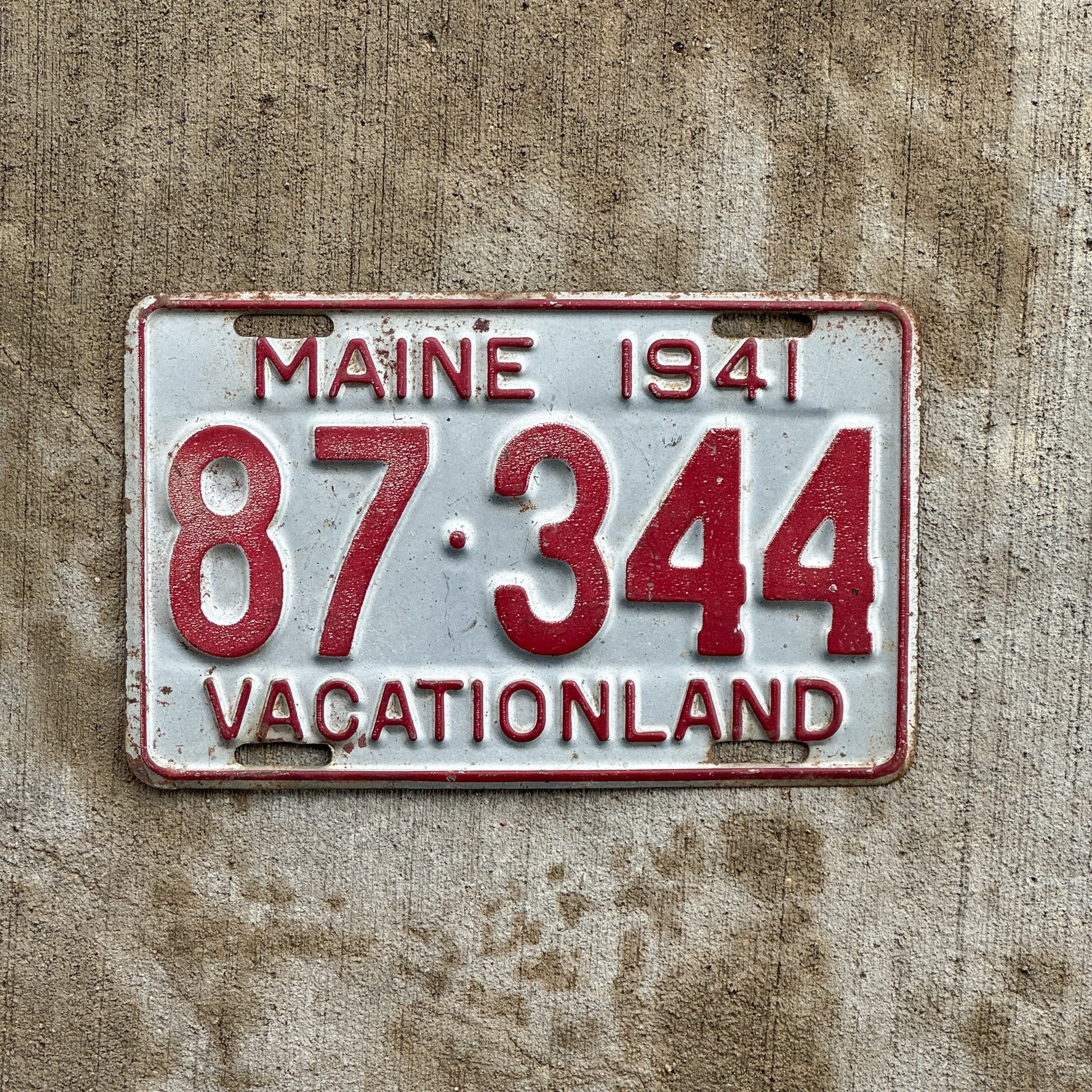 Photo of a 1941 Maine License Plate Auto Tag 1 Vintage Garage 87 344 with original patina