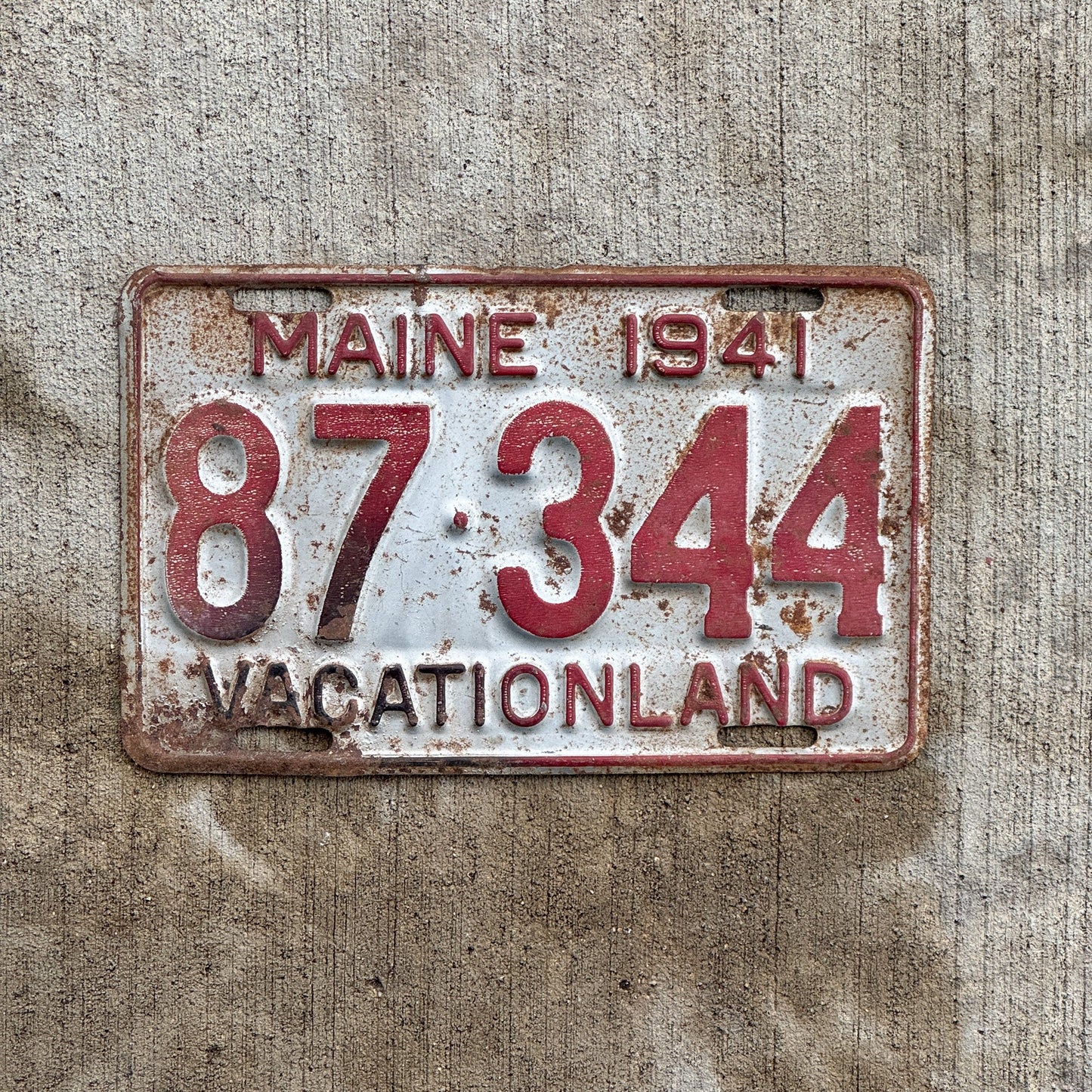 Photo of a 1941 Maine License Plate Auto Tag 2 Vintage Garage 87 344 with original patina
