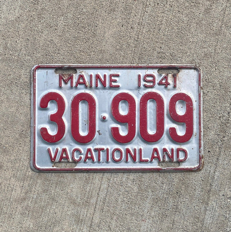 Photo of a 1941 Maine License Plate Auto Tag Garage Decor Vintage 30 909 with original patina