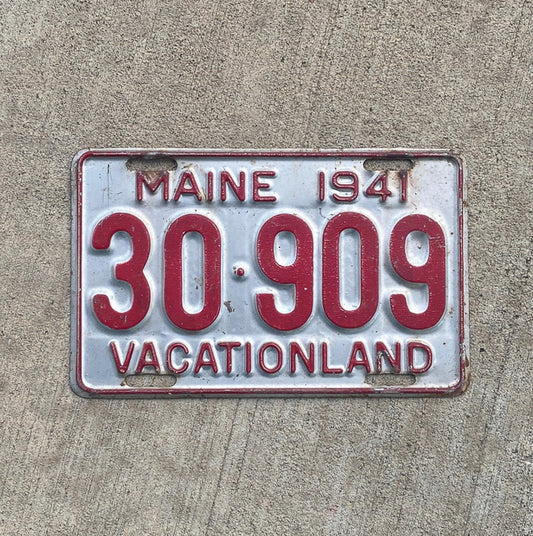 Photo of a 1941 Maine License Plate Auto Tag Garage Decor Vintage 30 909 with original patina