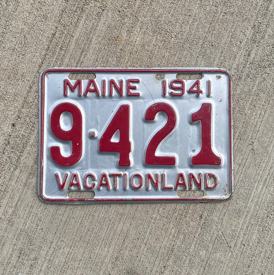 Photo of a 1941 Maine License Plate Auto Tag Garage Decor Vintage 9 421 with original patina