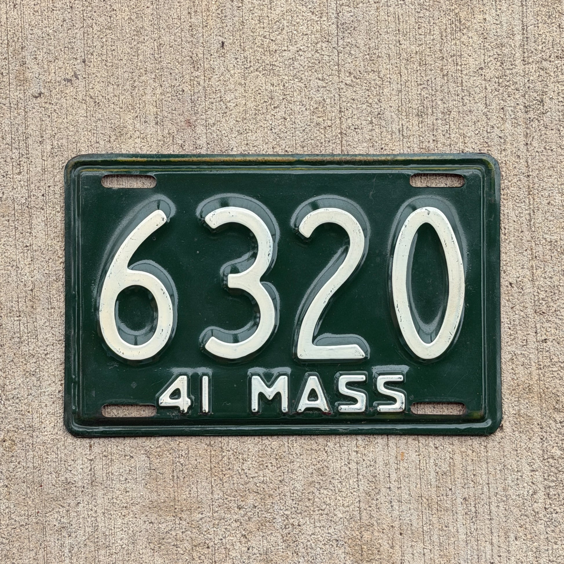 Photo of a 1941 Massachusetts License Plate Auto Tag Garage Decor Vintage Low Number Four Digit 6320 with original patina