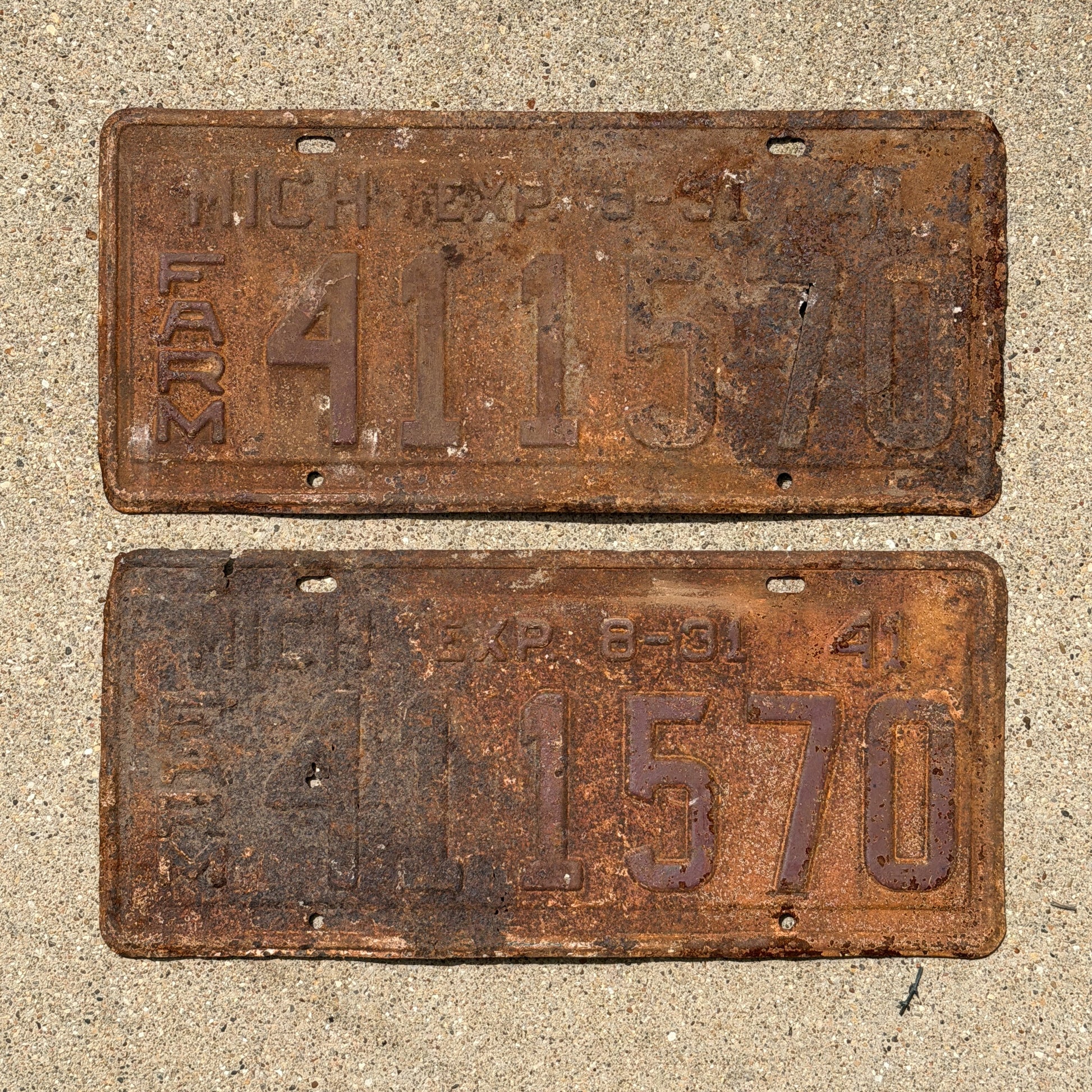 Photo of a 1941 Michigan Farm License Plate Pair Auto Tag Garage Decor Vintage Half Year 411 570 with original patina