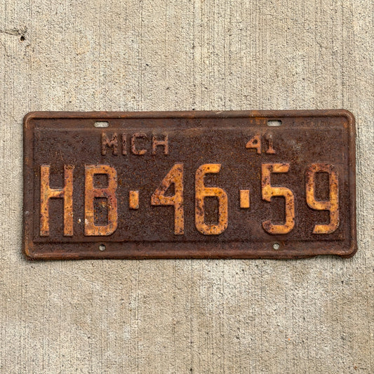 Photo of a 1941 Michigan License Plate Auto Tag Garage Decor Vintage HB 46 59 with original patina