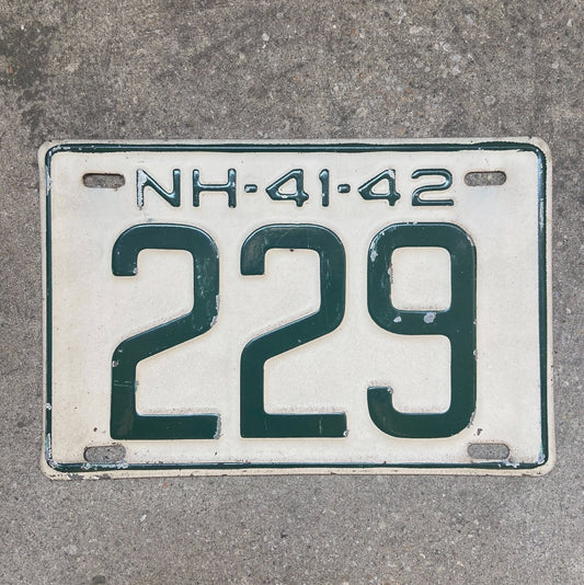 Photo of a 1941 New Hampshire License Plate Auto Tag Garage Decor Vintage Low Number Three Digit 229 with original patina