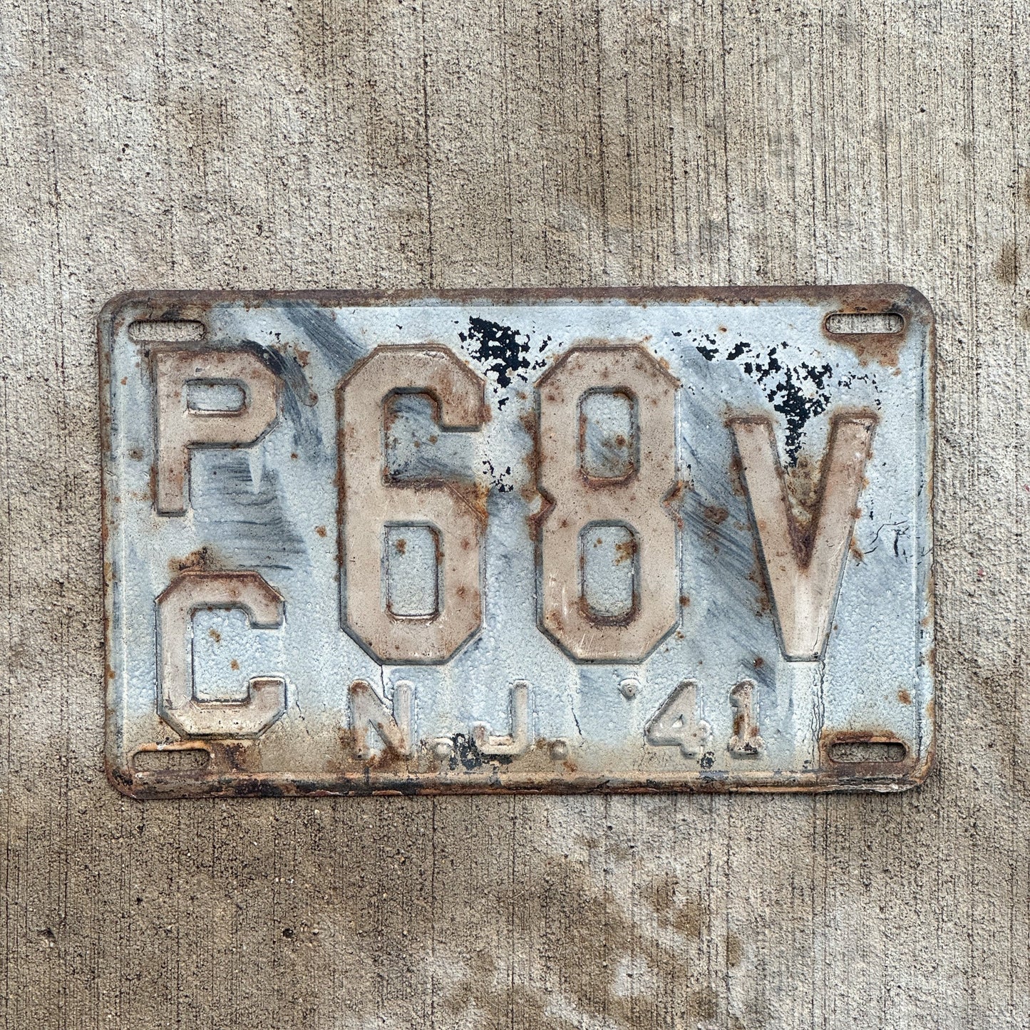Photo of a 1941 New Jersey License Plate Auto Tag 2 Vintage Garage PC 68 V with original patina