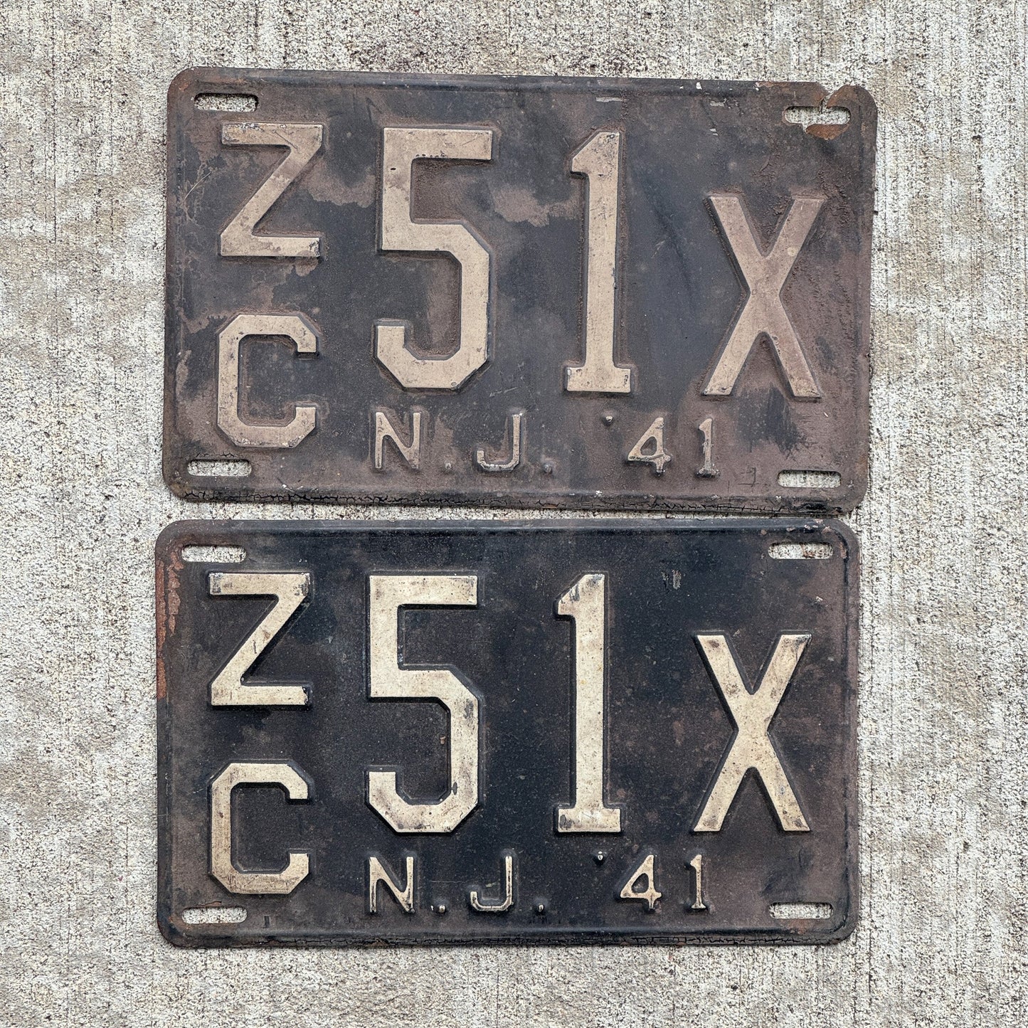 Photo of a 1941 New Jersey License Plate Pair Auto Tag Garage Decor Vintage ZC 51 X with original patina