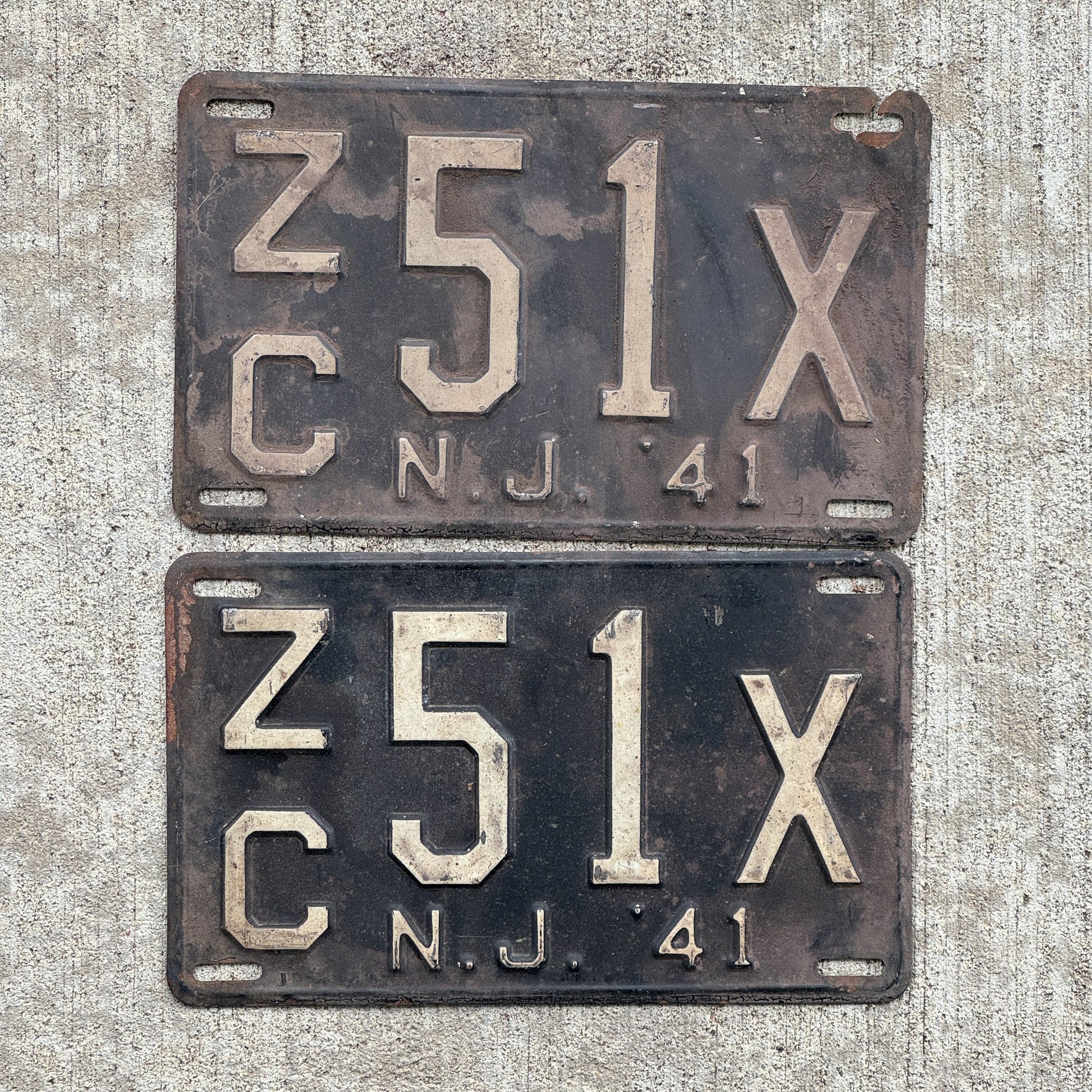 Photo of a 1941 New Jersey License Plate Pair Auto Tag Garage Decor Vintage ZC 51 X with original patina